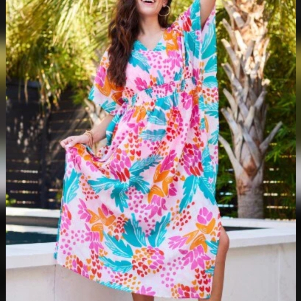 Bright Tropical Print Mini Dress - Pink & Teal